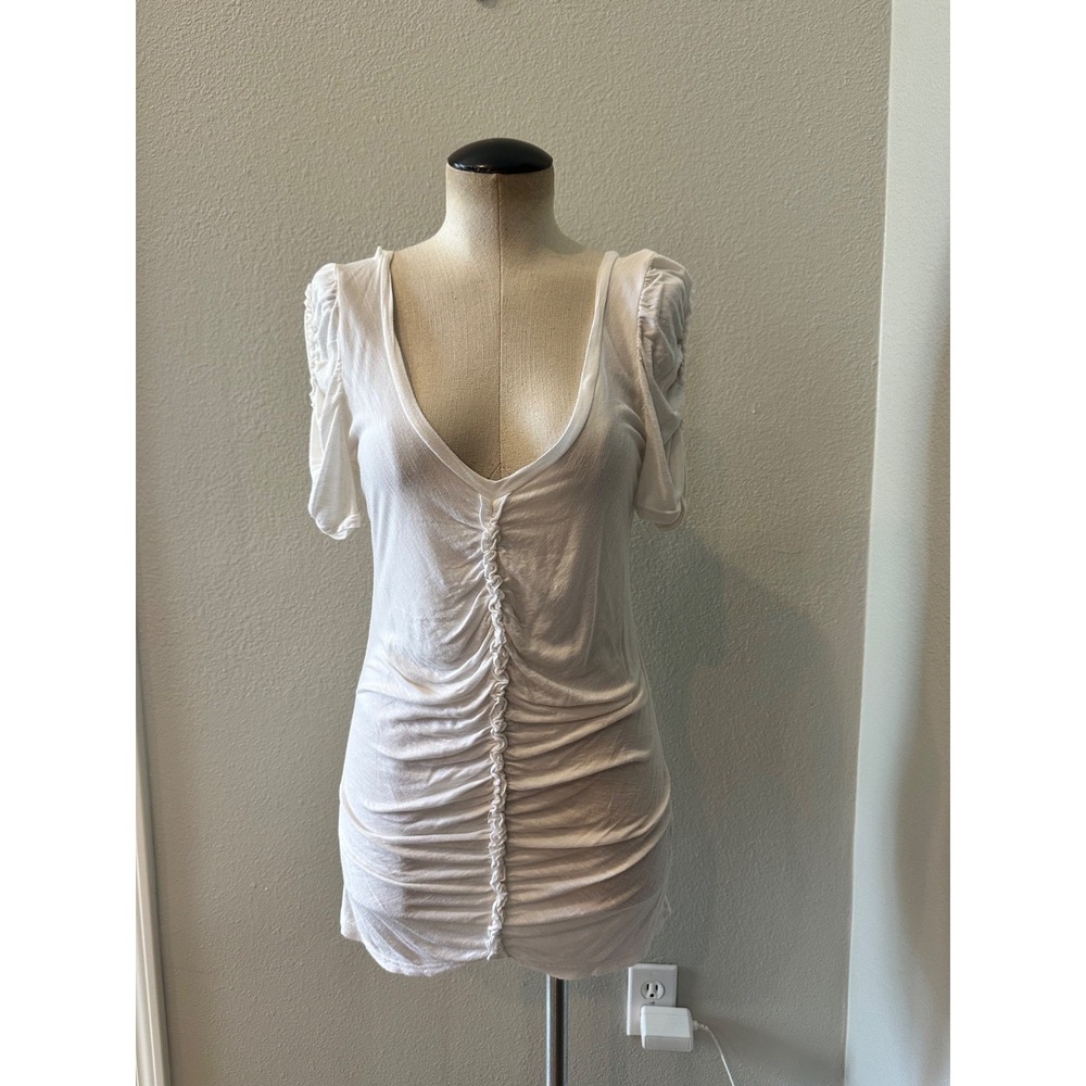 Splendid & Fade Womens M White Ruched Tunic Top Made USA Rayon Deep V Neck